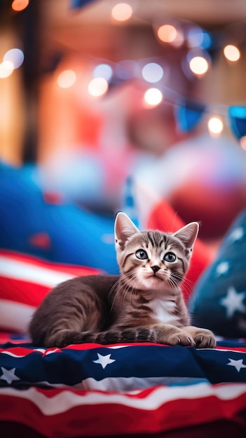 Kot siedzący na kocu z amerykańską flagą Obraz Generative AI