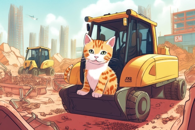 Kot siedzący na szczycie buldożera generatywny ai obraz