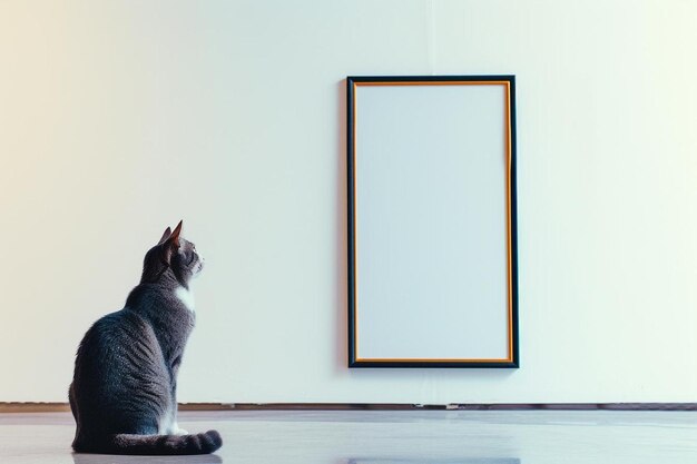kot siedzący przed ramką zdjęć