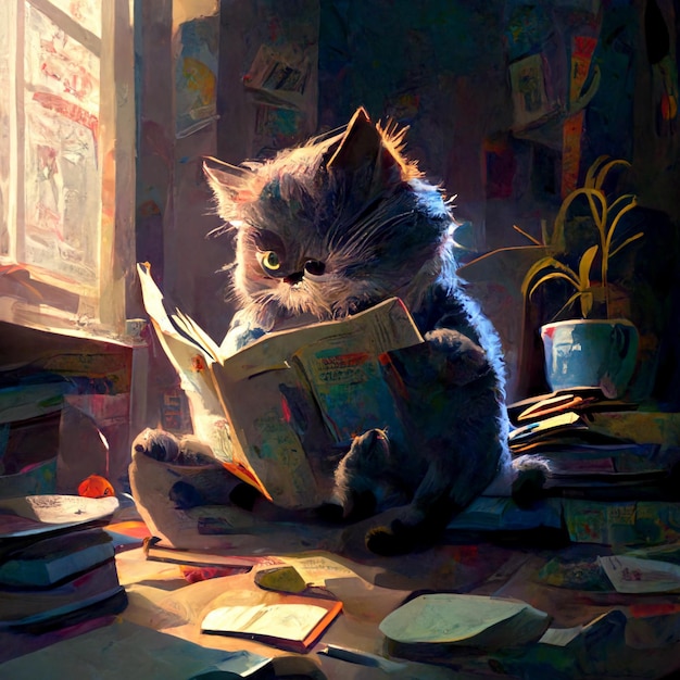 Kot siedzi na biurku i czyta książkę.