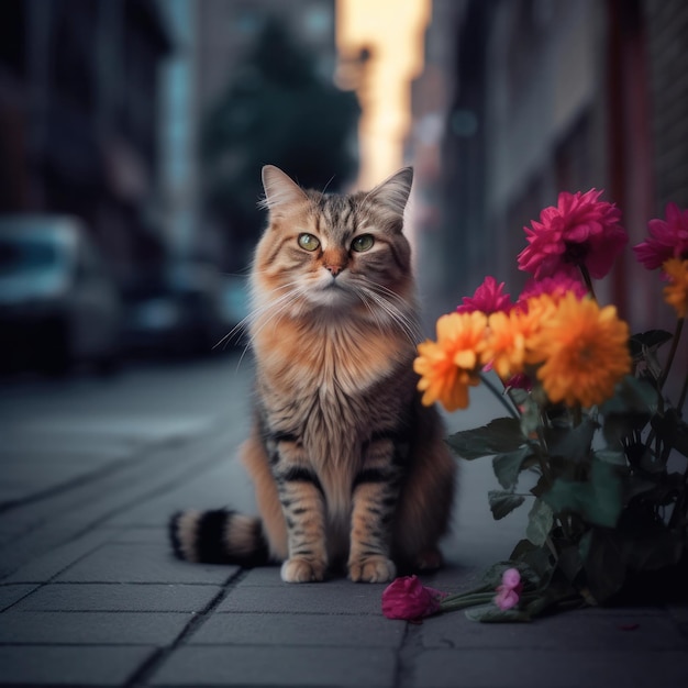Kot siedzi na chodniku obok doniczki z napisem koci.