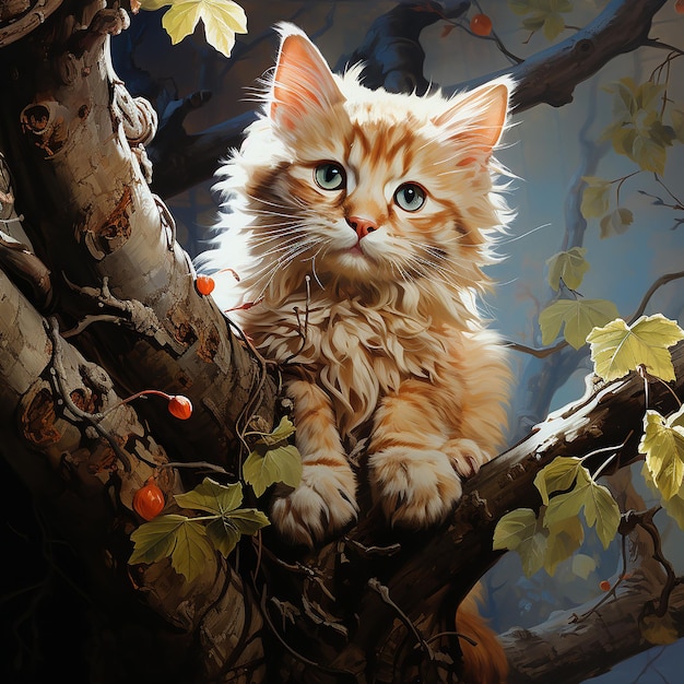 Kot siedzi na gałęzi drzewa