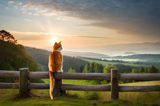 Kot siedzi na płocie i patrzy na zachód słońca