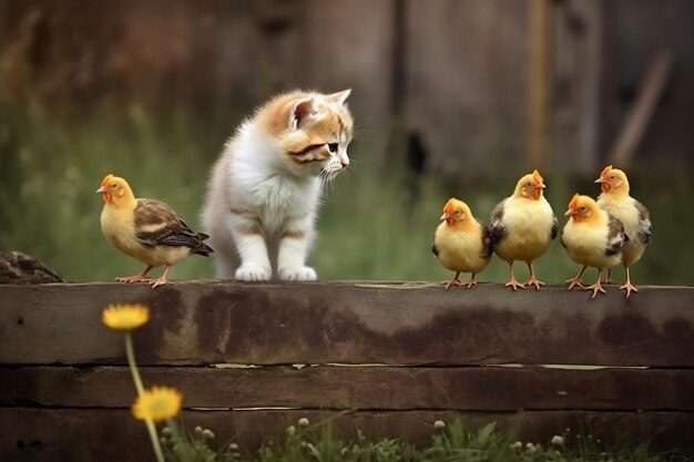 Kot siedzi na płocie otoczonym żółtymi ptakami.