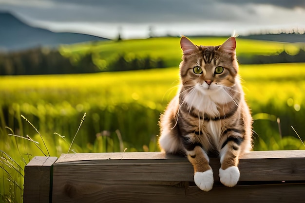 Kot siedzi na płocie przed polem