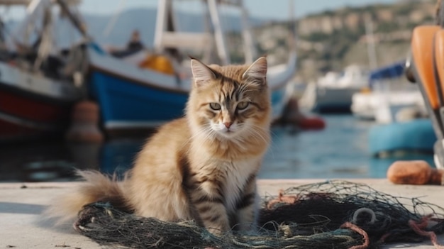 Kot siedzi na sieci rybackiej przed łodzią