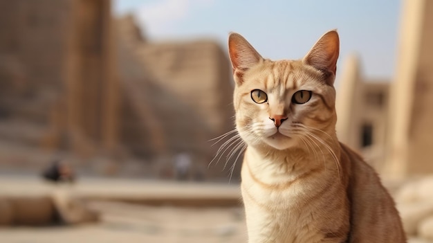 Kot siedzi na stole przed ścianą z tytułowym kotem egipskim.