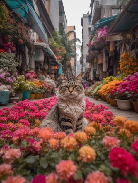 Kot siedzi na targu kwiatowym w Szanghaju