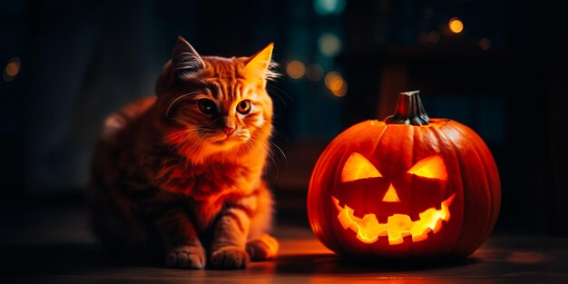 Kot siedzi obok halloweenowej dyni