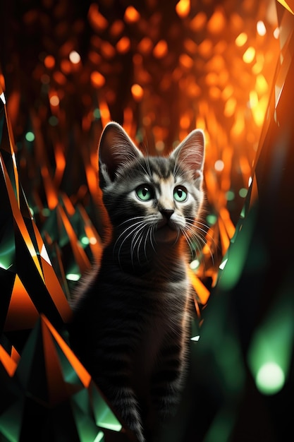 Kot siedzi w ciemnym pokoju z dużą ilością świateł.
