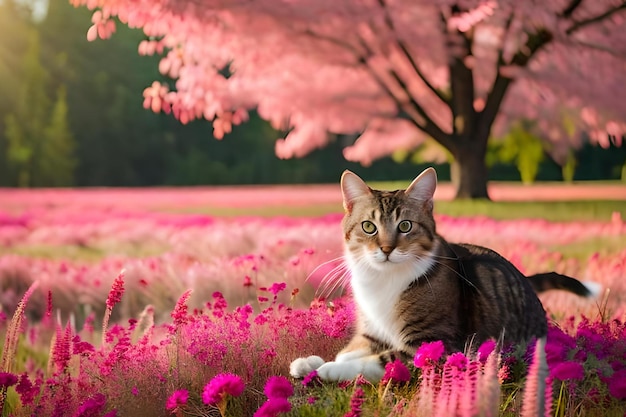 Kot siedzi w polu kwiatów z różowym tłem.