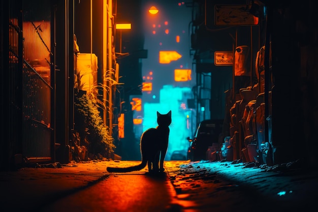 Kot siedzi w środku ciemnej uliczki w nocy Generative AI
