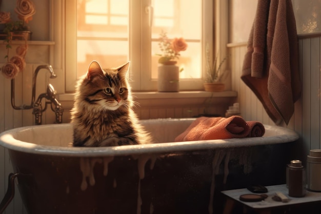 Kot siedzi w wannie z wodą.