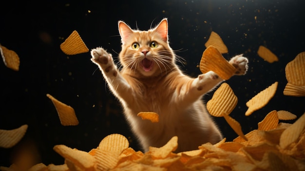 Zdjęcie kot skacze przed stosem żetonów.