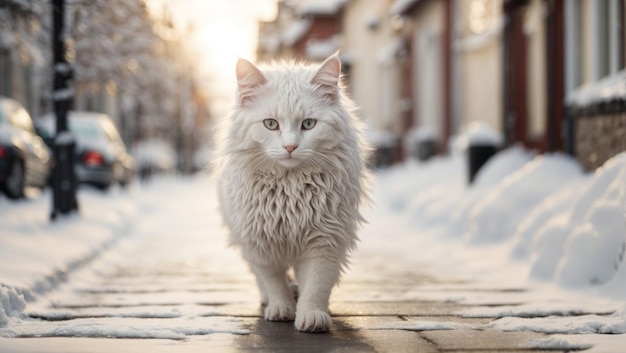 kot spacerujący zimą po zaśnieżonej ulicy