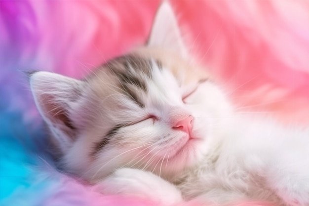 Kot śpiący na różowym kocu z napisem kot.