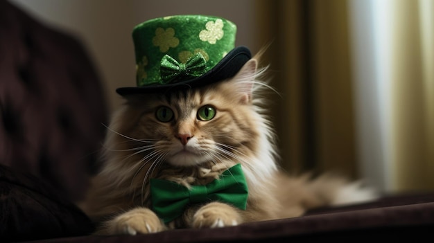 Kot świętuje dzień św. Patryka w zielonym garniturze, cylindrze i koniczynie, wygenerowane przez sztuczną inteligencję