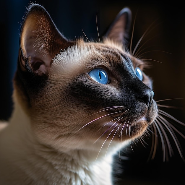 Kot syjamski o niebieskich oczach patrzy w górę.