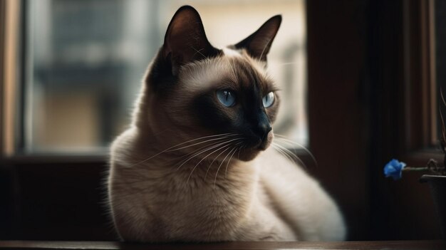 Kot syjamski o niebieskich oczach siedzi na stole.