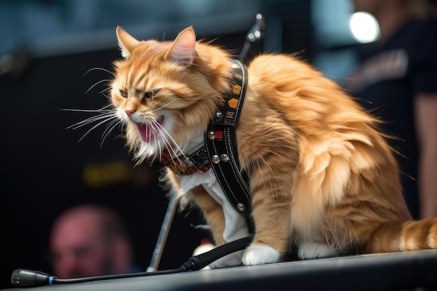 Kot szalejący na scenie z gitarą i zespołem w tle stworzony za pomocą generatywnej sztucznej inteligencji