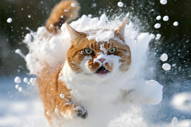Kot uderzony przez kulę śnieżną Słodki kotek z zaskoczoną i wściekłą twarzą uderzony w śnieg podczas zimnej gry Generowany przez sztuczną inteligencję