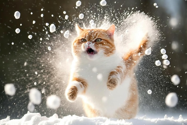 Kot uderzony śnieżką Słodki kociak ze zdziwioną i wściekłą twarzą potrącony przez śnieg podczas gry zimowej Wygenerowana sztuczna inteligencja