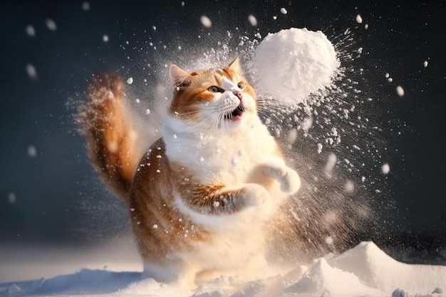 Kot uderzony śnieżką Słodki kociak ze zdziwioną i wściekłą twarzą potrącony przez śnieg podczas gry zimowej Wygenerowana sztuczna inteligencja