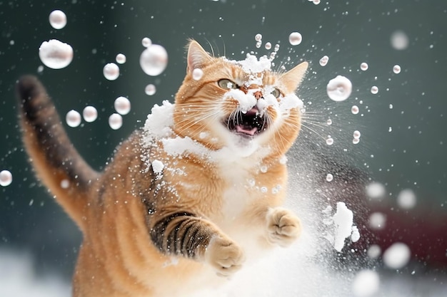 Kot uderzony śnieżką Słodki kotek ze zdziwioną i wściekłą twarzą uderzony śniegiem podczas zimowej gry Wygenerowano sztuczną inteligencję