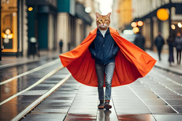 Kot w czerwonej pelerynie idzie mokrą ulicą.