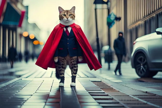 kot w garniturze i czerwonym płaszczu idzie ulicą.