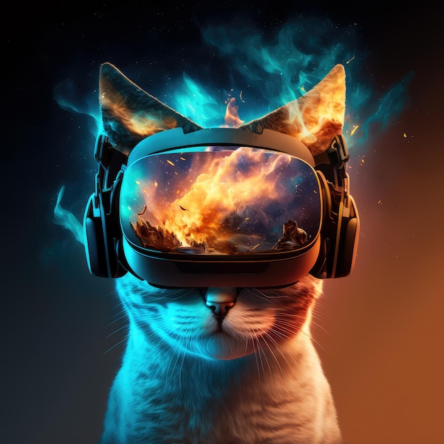 Kot w goglach wirtualnej rzeczywistości cieszący się rozszerzoną grą VR Generative AI