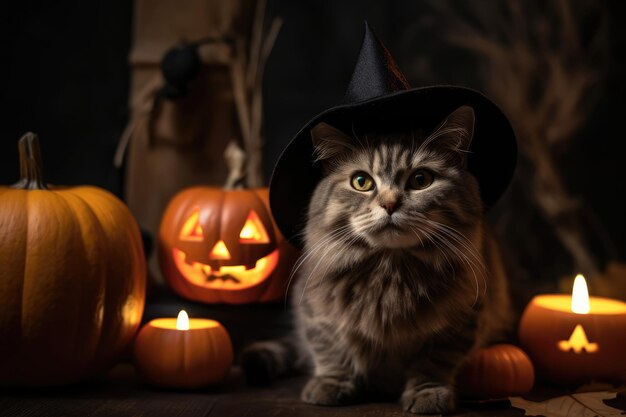 Kot w kapeluszu czarownicy siedzi przed dyniami.