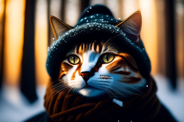Kot w kapeluszu i szaliku z płatkami śniegu.