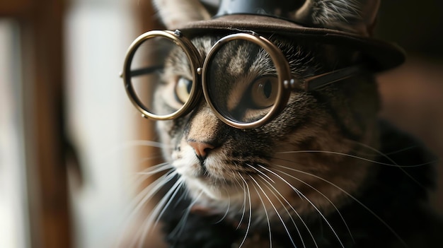 Zdjęcie kot w kapeluszu steampunk i okularach patrzy przez okno.