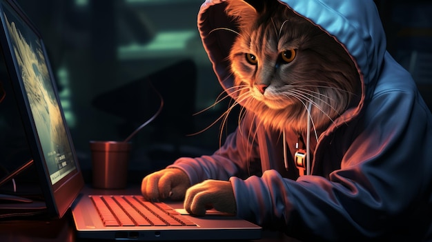 Zdjęcie kot w kapturze włamuje się do laptopa