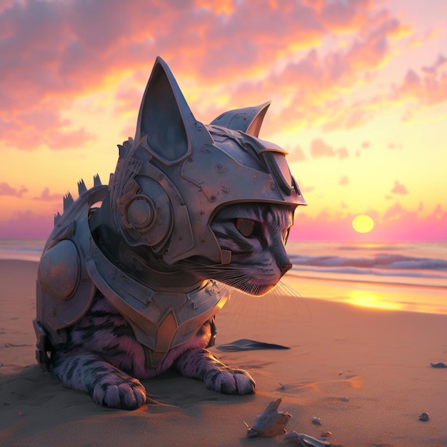 Kot w kasku i oglądający zachód słońca na plaży