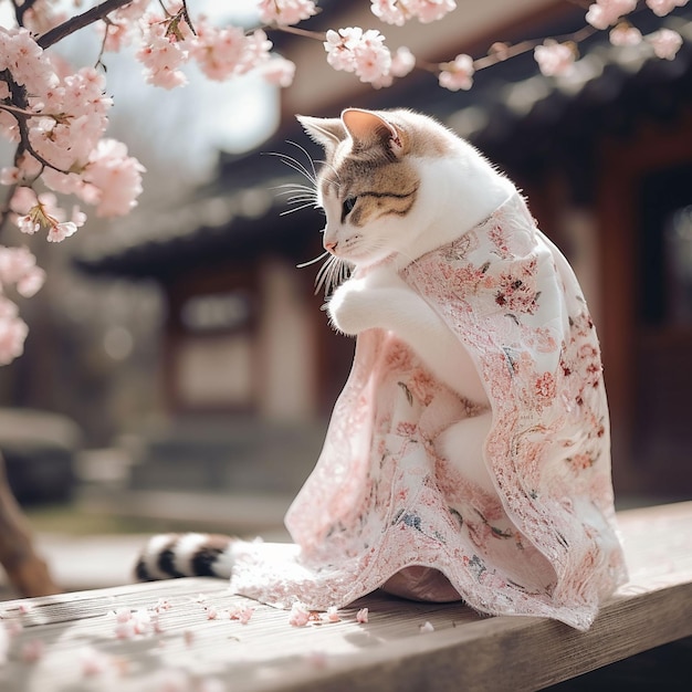 Kot w kimonie siedzi na drewnianej ławce z kwiatami na gałęziach.