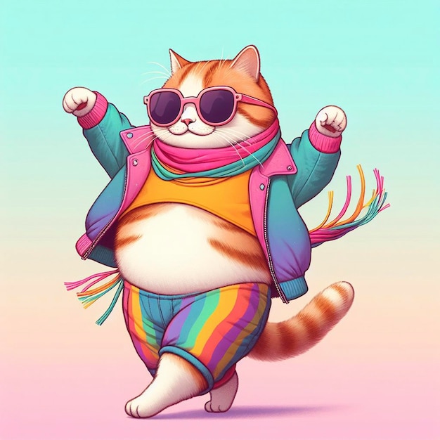 Kot w kolorowych ubraniach i okularach przeciwsłonecznych tańczy na pastelowym tle