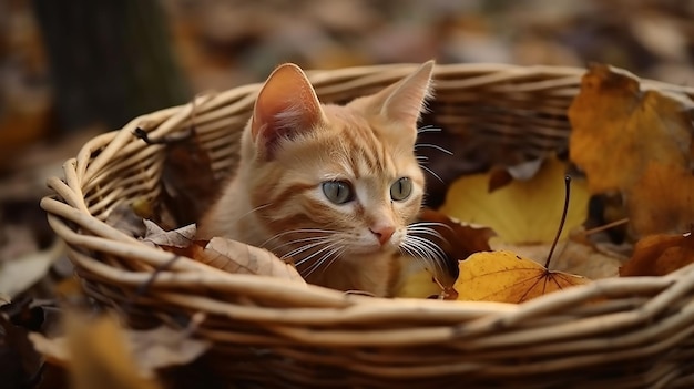 Kot w koszu z liśćmi