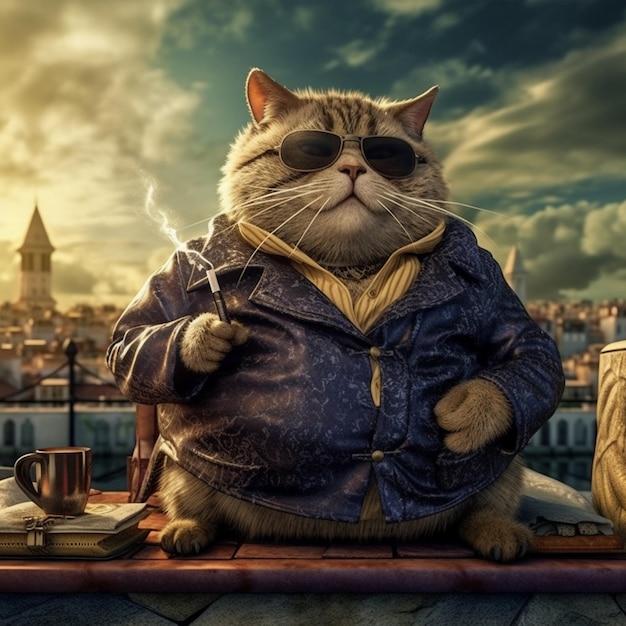 kot w kurtce i okularach słonecznych siedzi na krawędzi z filiżanką kawy i książką.