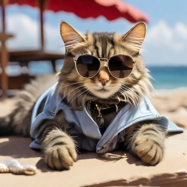 Zdjęcie kot w modnych okularach przeciwsłonecznych leży na plaży.