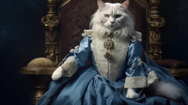 Kot w niebieskiej sukience siedzi na tronie.
