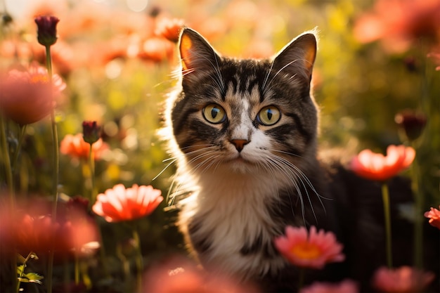 Zdjęcie kot w ogrodzie z pięknymi kwiatami