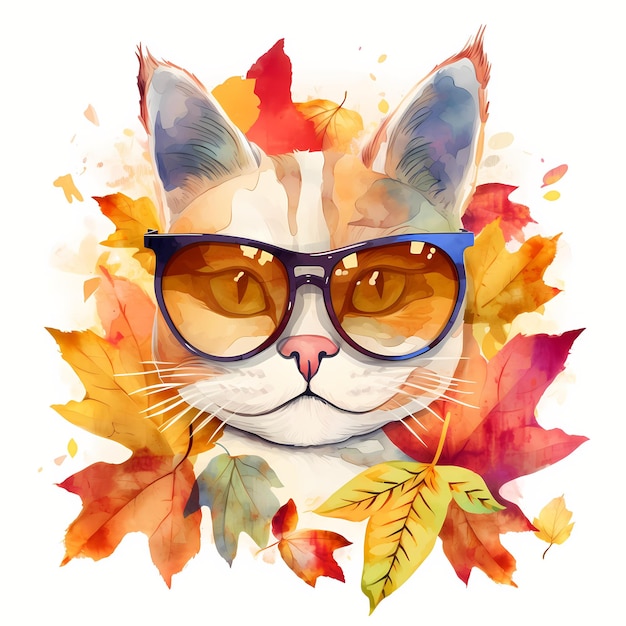 Kot w okularach i jesień_n liście portret akwarela clipart