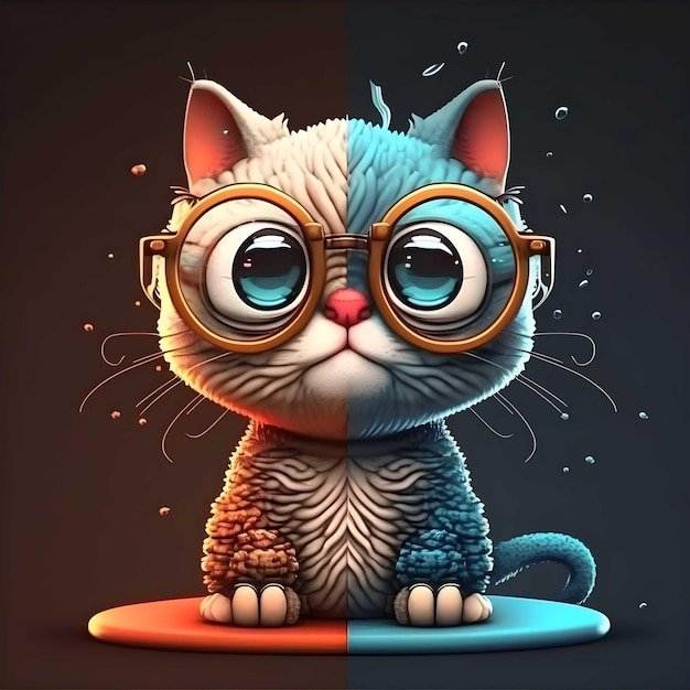 Kot w okularach i niebiesko-czerwonej twarzy siedzi na kwadratowej powierzchni.