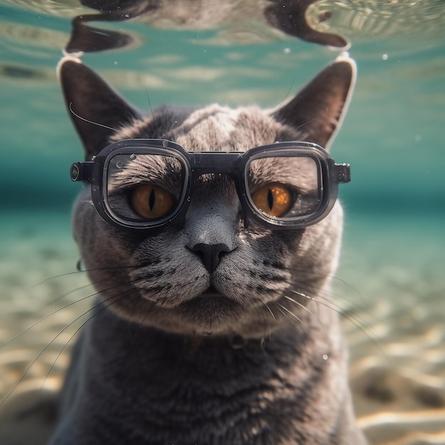 Kot w okularach i okularach jest pod wodą.