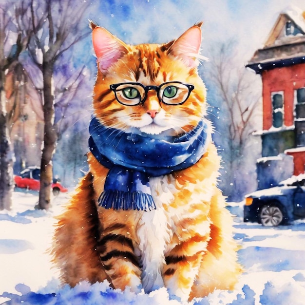 Kot w okularach i szaliku namalowany na płótnie