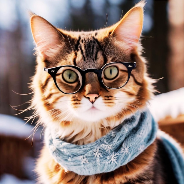 Kot w okularach i szaliku stojący wśród śnieżnego krajobrazu