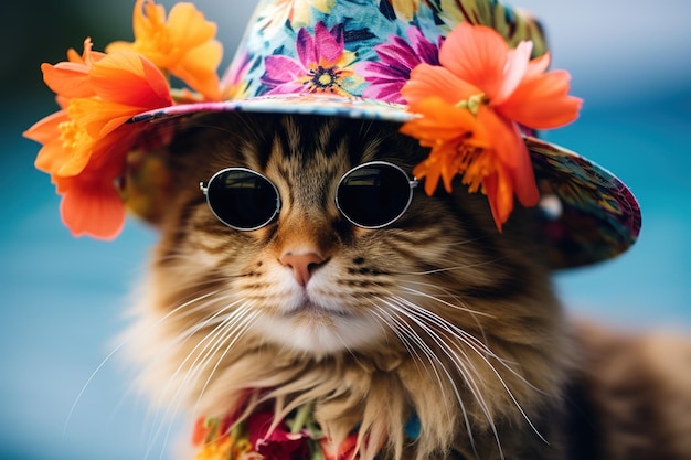 Kot w okularach przeciwsłonecznych i kapeluszu lubi wakacje na plaży