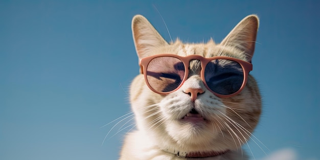 Kot w okularach przeciwsłonecznych i obroży z napisem „kot na nim”